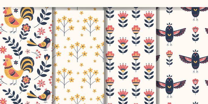 Folk backgrounds with birds and flowers. Traditional botanical seamless patterns. Ethnic ornaments. Roosters and sparrows