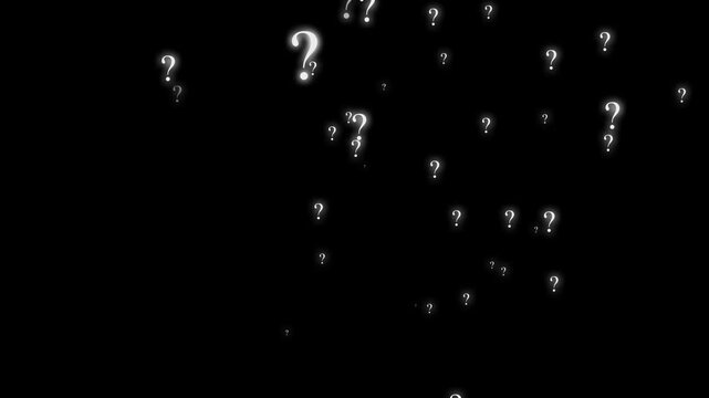 Animated white question mark icons moving on black screen background, 2d pop up loop motion graphic with alpha channel, confused problem concept symbol, thin line web design element 4k