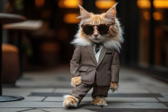 Royal cat sporting shades and tiny tuxedo, radiating swagger and sophistication.