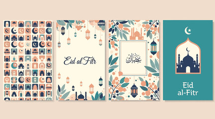 Eid alfitr greeting cards and stickers set with mosque and lantern designs on colorful backgrounds for festive muslim holiday