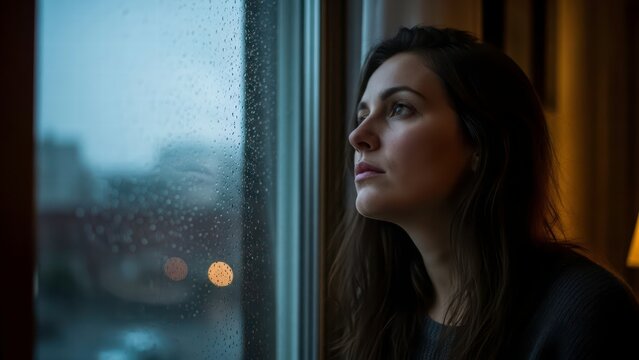 Solitude in the Storm: A contemplative woman gazes out of a rain-streaked window, lost in introspection amidst the moody backdrop of a storm, evoking emotions of reflection and serenity.
