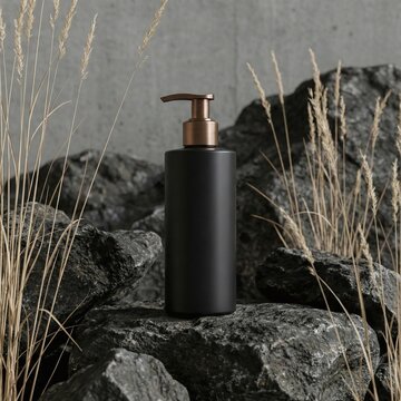 Bouteille pompe noire avec distributeur cuivr&eacute; pos&eacute;e sur des rochers sombres entour&eacute;e d'herbes s&egrave;ches devant un mur en b&eacute;ton.