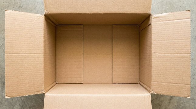 Bo&icirc;te en carton vide et ouverte vue de dessus sur un fond gris clair.