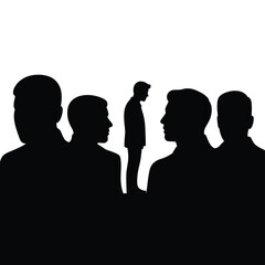 Silhouette of a solitary figure standing apart from a group of people in profile view