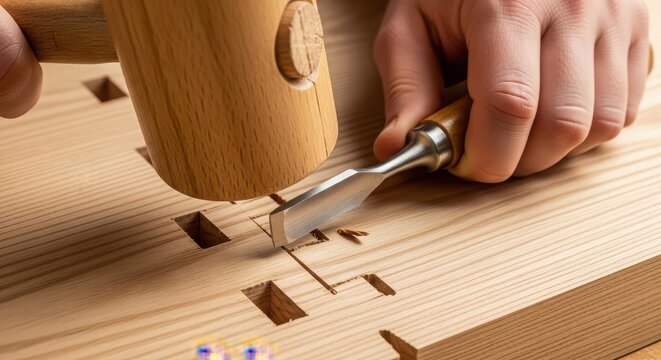 A craftsman meticulously carving intricate details into wooden furniture with hand tools.