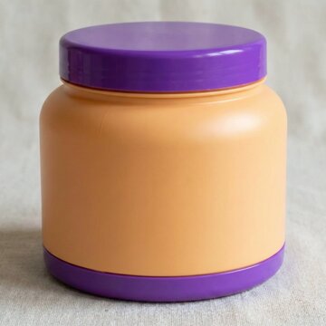 Pot en plastique orange avec couvercle et base violets, pos&eacute; sur une surface claire.