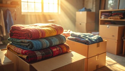 FlyPro Firefly presents neatly stacked donated blankets in cardboard boxes, displaying diverse colors and textures with a realistic photography style.