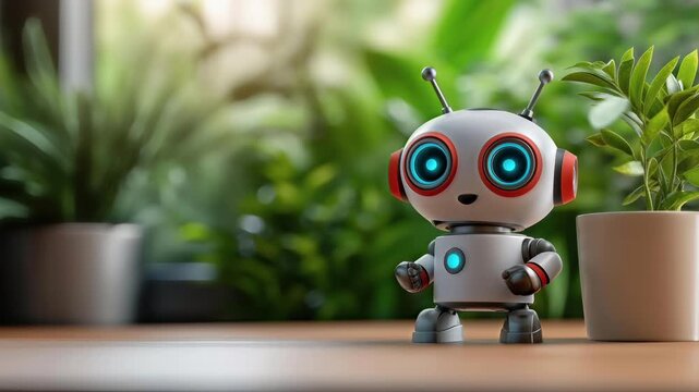 Cute friendly robot standing on table in modern interior near houseplant bright minimal workspace concept