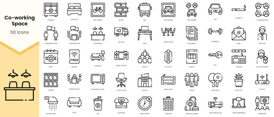Simple Outline Set of coworking space icons. Linear style icons pack. Vector illustration