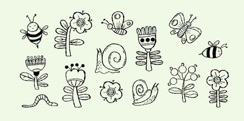 Outline Flowers, Garden and Insects Doodle. Botanical plants, bees, butterflies, snails, worms and berries collection. Isolated Textured hand drawing. Whimsical line art. Vector illustration. Not AI © Ludmila