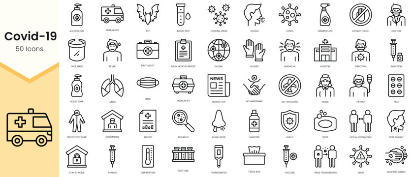 Simple Outline Set of covid 19 icons. Linear style icons pack. Vector illustration