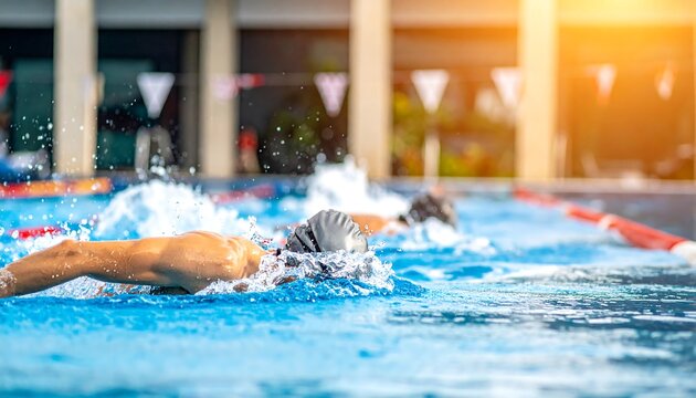 Swimmers in motion in a pool during sunset