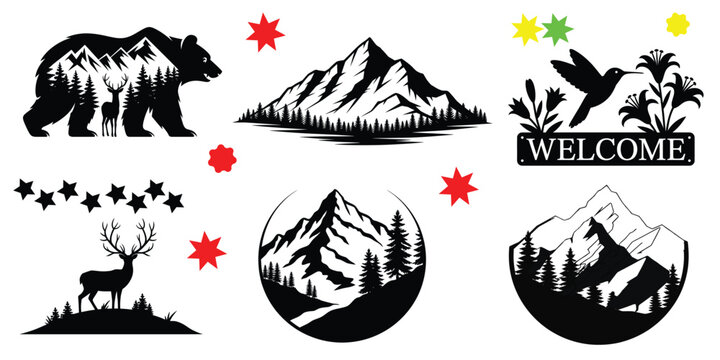 Nature-inspired black silhouette designs: bear with mountains, deer, hummingbird with welcome sign, and mountain landscapes.