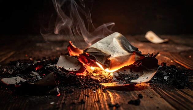 Scattered burnt paper fragments and ash on a charred wooden surface, fire aftermath style, flickering dim light