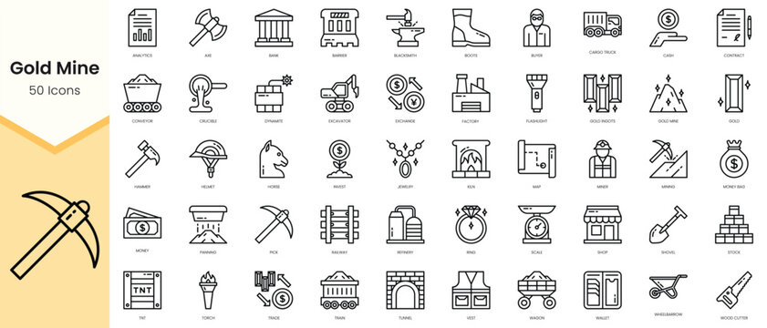 Simple Outline Set of gold mine icons. Linear style icons pack. Vector illustration