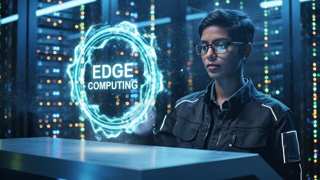 Engineer touches edge computing hologram near datacenter servers. Man interacts with computing interface display. Engineer works with edge technology hologram. Computing display in datacenter.