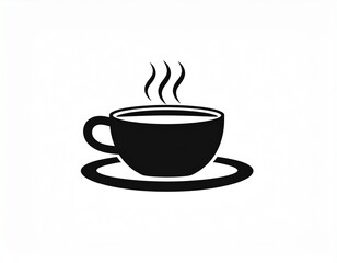 Fototapeta premium Simple black and white illustration of a steaming coffee cup on a saucer, perfect for cafe branding.