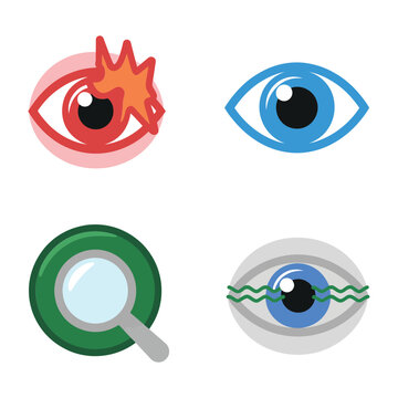 Ophthalmology examination icons with red irritated eye, corneal scan, magnifying lens, pupil measurement, clinical optometry research graphics and education