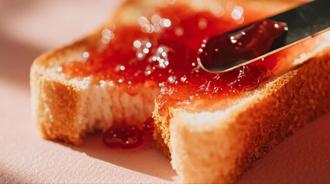 A knife spreads delicious strawberry jam on a slice of toasted bread for breakfast