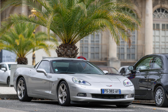 Nancy, France - October 24th 2020 : View on a grey Chevrolet Corvette C6 parked on a street.