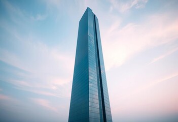 Sleek glass skyscraper stands alone against a vast, empty sky,  city,  business
