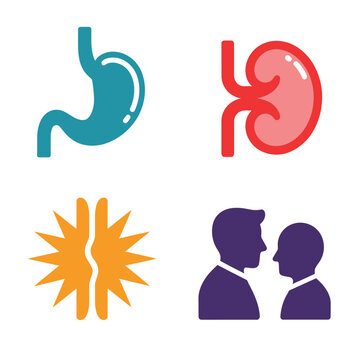 Gastroenterology urology combined set, stomach and kidney symbols, community health fair poster, screening booth map, diet counseling session details