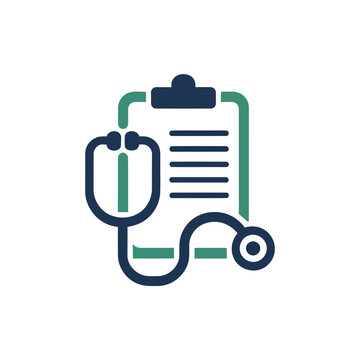 Community health fair icon, medical clipboard with stethoscope, wellness outreach event branding, clinic screening session graphic, patient registration materials vector
