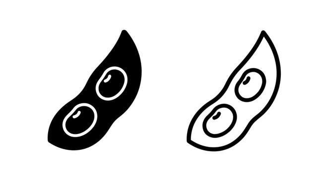 Simple icons of broad beans, one solid black and one outline, symbolizing fresh produce and vegan nutrition