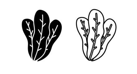 Naklejka premium Stylized black and white icons of leafy greens, representing healthy food and plants.