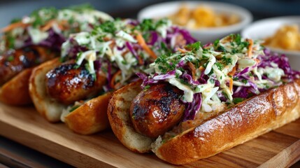Delicious grilled sausages with coleslaw on toasted buns for a flavorful picnic or bbq