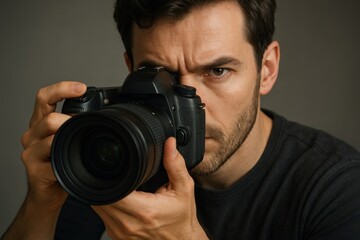 Young caucasian male photographer focusing through dslr camera lens