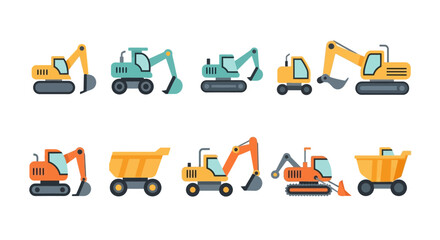 Collection of various heavy machinery vehicles and equipment for construction and excavation purposes displayed in a grid layout © yea1