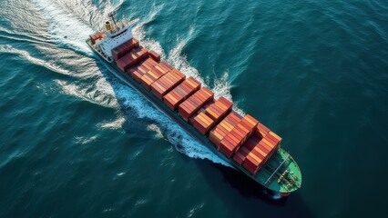 Fototapeta premium cargo container ship sailing in ocean aerial top view of global express freight transportation maritime scene concept of logistics industry, global trade, shipping business