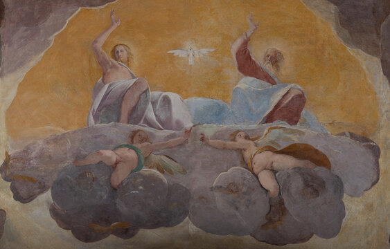 NOVARA, ITALY - JANUARY 16, 2026: The fresco of Holy Trinity in the church Basilica di San Gaudenzio by Pier Francesco Mazzucchelli - Morazzone (1573 &ndash; 1626). 