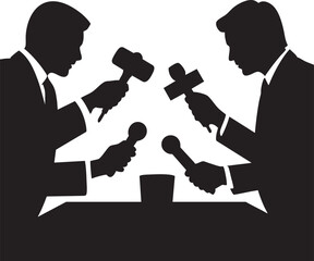 Two men in business attire engage in a heated auction bidding process at a table with gavel in hand vector illustration