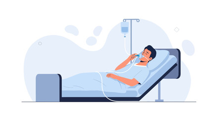 Obraz premium Patient in hospital bed receiving oxygen therapy with nasal cannula and IV drip