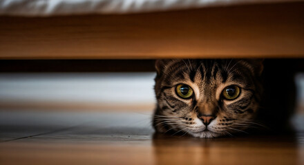 Cat hiding under bed frame symbolizing fear and need for safety