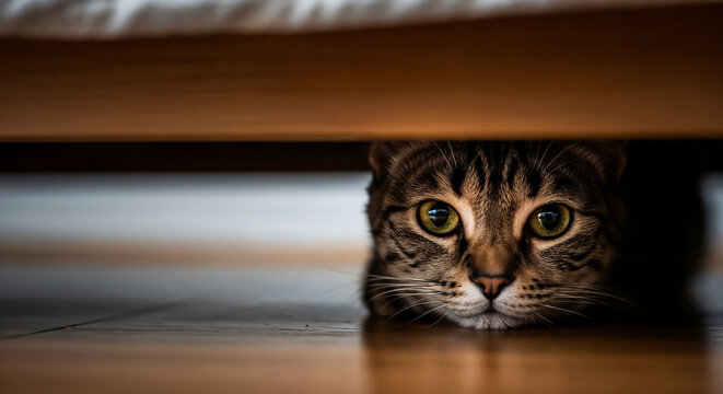 Cat hiding under bed frame symbolizing fear and need for safety