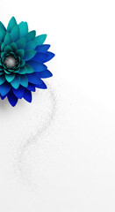 Obraz premium Top view of blue flower with layered petal, with silver glitter flowing down a white background, representing elegance and freshness with free space