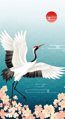 Obraz premium Illustration of a white crane with open wings flying near pink blossom, with a red sun in background, depicting grace and auspiciousness, traditional artwork
