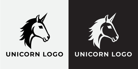 Elegant Unicorn Head Profile Logo Vector Illustration, Black and White Mythical Horse Mascot Design Template For Magic Brand Identity © Ibrahim