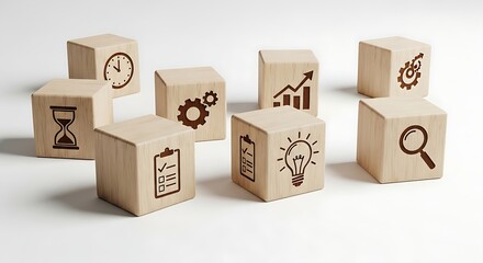 Fototapeta premium A collection of wooden blocks with various business and productivity symbols on them isolated on white background.