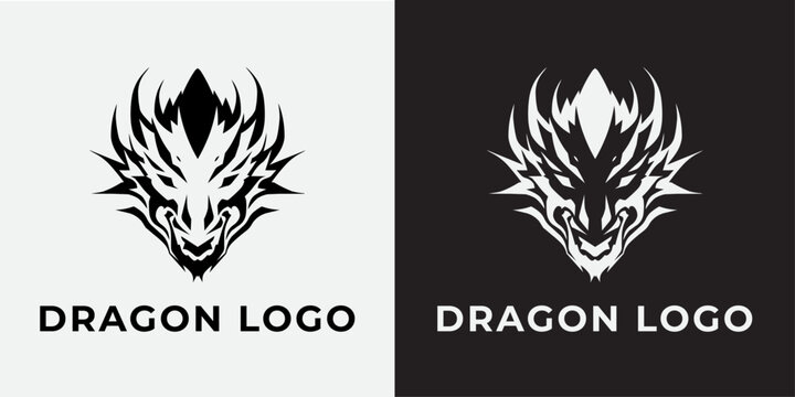 Symmetrical Fierce Dragon Face Logo Vector Illustration, Black and White Mythical Monster Mascot Design Template For Esports Gaming Brand