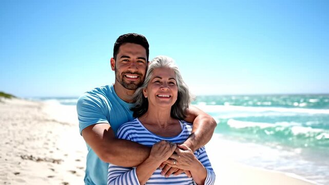 Happy multi-generational couple embracing on a sunny beach vacation.