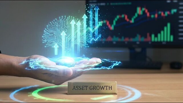 Optimistic business growth concept with hand holding glowing asset hologram, featuring rising arrow and data chart for future success