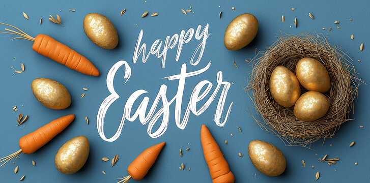 easter background with empty space in the center, pastel-colored eggs and flowers, ribbons around the frame, bird's nest on a light gray background