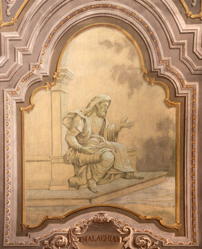 NOVARA, ITALY - JANUARY 15, 2026: The fresco of prophet Malachi of St. John the Baptist in the church Chiesa di San Giovanni Decolato by Paolo Giovanni Crida (1958).