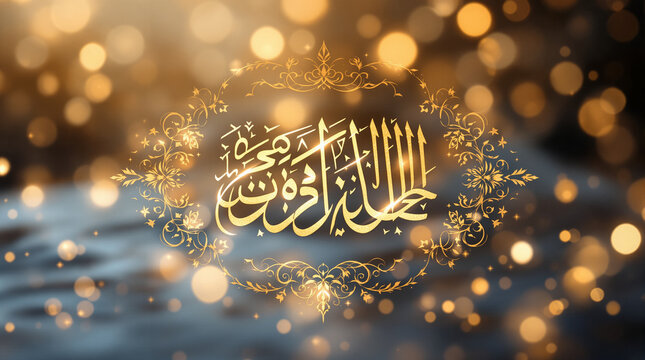 Islamic calligraphy with Arabic text in golden ornate design.