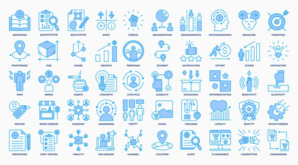 Obraz premium Business Analytics Icon Set Line Blue Style Editable Design. Containing market research, growth, analytics, finance,, education, graph, product, location, target and more icon. Vector Illustration.