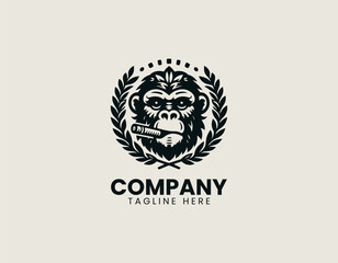 monkey with laurel wreath and cigar is presented as bold monochrome vector logo on clean white background